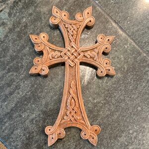 Hand Carved Wooden Armenian Cross Wall Decor - Brown